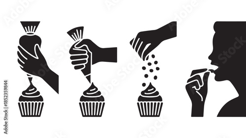 Decorating cupcake with sprinkles in minimalist black silhouette style for bakery advertising