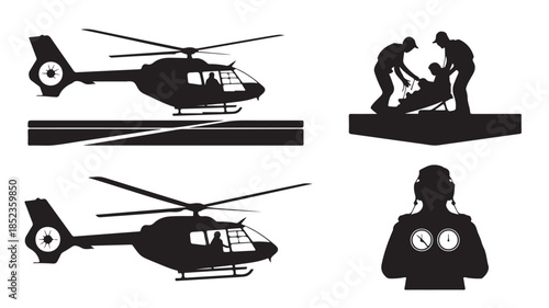Medical Helicopter Silhouette with Emergency Personnel in Dramatic Lighting on White Background for Aviation Illustration