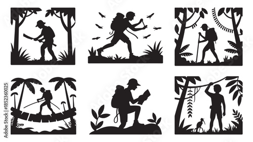 Silhouette of adventurers in jungle with machete and backpack in dark dramatic lighting on white background for outdoor adventure