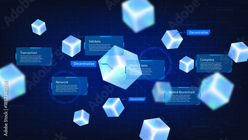 Blockchain technology concept with decentralized network nodes and 3D digital cubes