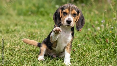 Cute beagle puppy sits in grass offering paw