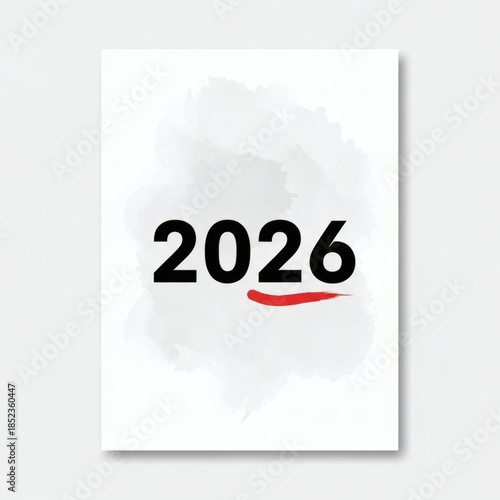 2026 Asian Inspired Card Gray Ink Wash Texture Black Numerals Vermilion Brushstroke