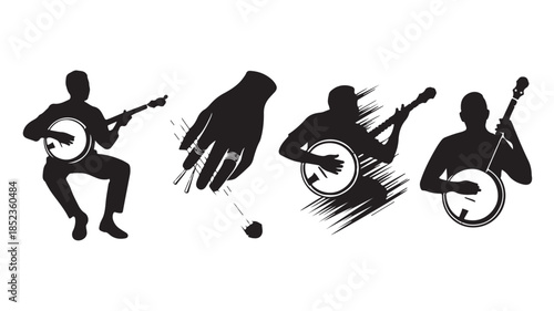 Silhouettes of musicians playing banjo in dynamic motion with black texture for music festival