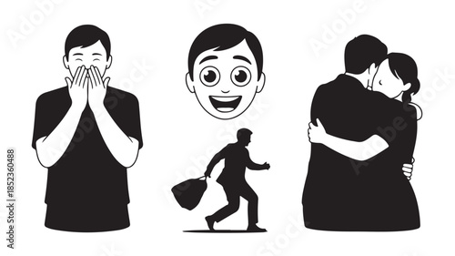 Couple embracing with shocked man and surprised face in black silhouette with bold lines and stark contrast for emotional illustration