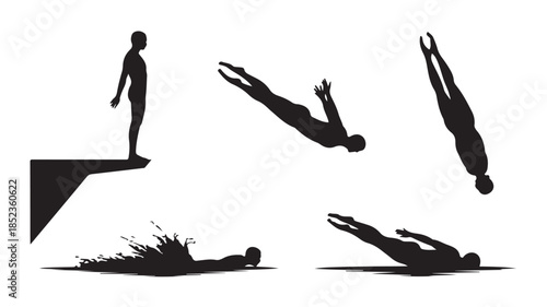 Man diving into water in dynamic silhouette with black and white contrast for sports illustration