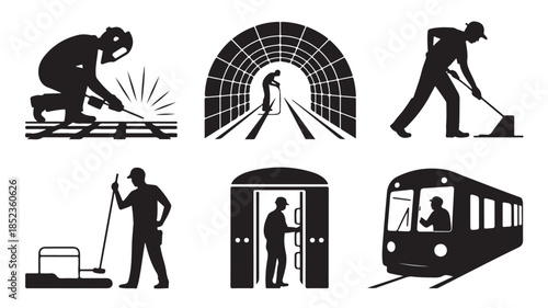 Metro Construction Workers in Silhouette with Subway Train in Dark Monochrome Style for Urban Infrastructure