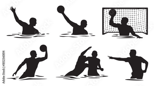 Water Polo Players Silhouettes in Dynamic Action with Black Color on White Background for Sports Illustration