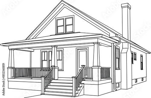 Detailed Black and White Line Art Illustration of a Classic Craftsman Bungalow House with Front Porch and Chimney Isolated on White (21 words)