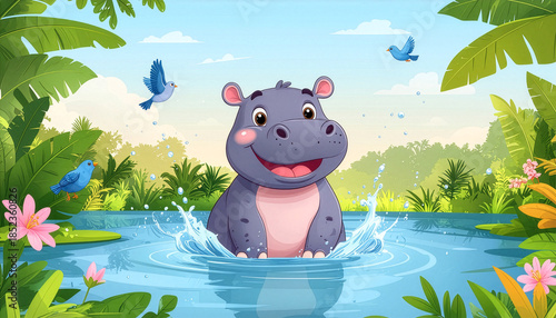 Playful cartoon hippo joyfully splashes in a vibrant tropical river, surrounded by lush jungle foliage, colorful birds, and blooming flowers