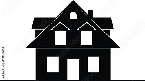 Detailed Black and White Line Art Illustration of a Classic Craftsman Bungalow House with Front Porch and Chimney Isolated on White (21 words)