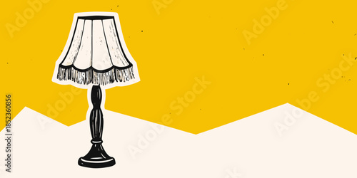 A vintage style table lamp with a fringed shade on a yellow background