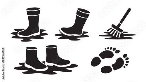 Rain Boots and Footprints in Mud with Silhouette Style in Black and White for Weather Illustration