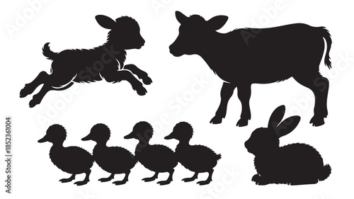 Farm Animals Silhouette with Lamb, Cow, Ducks, and Rabbit in Black on White Background for Agriculture Illustration