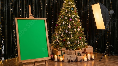 Holiday scene with green screen easel and christmas tree