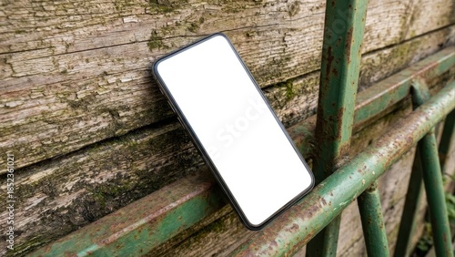 Modern smartphone with blank screen on weathered wooden background and metal railing