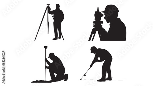 Surveyor at work in various poses with surveying equipment in black silhouette on white background for construction and mapping