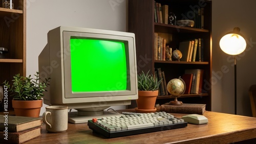 Vintage computer setup with green screen and bookshelf in warm lighting