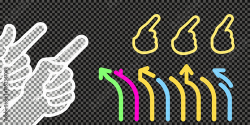 Hand gesture with peace sign and colorful arrows on a checkered background