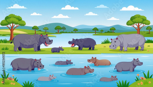 A charming illustration of a family of hippopotamuses enjoying a peaceful day by the river, surrounded by lush greenery and rolling hills, showcasing their gentle nature and aquatic habitat