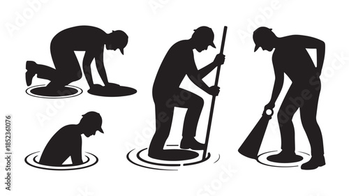Man Cleaning Floor Silhouettes in Various Poses with Dark Shadows and Simple Shapes for Cleaning Services