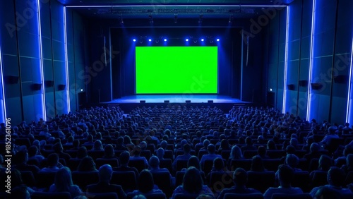 Large auditorium stage with green screen and audience seating