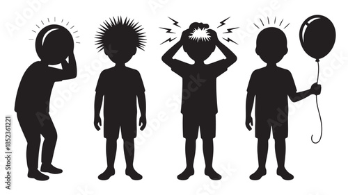Childrens Silhouettes Demonstrating Static Electricity in an Educational Black and White Vector Illustration Set for Science and Physics Concepts.