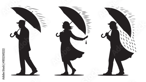 People with umbrellas silhouetted in rainy and windy weather, black and white graphic vector illustration for weather forecasts and seasonal designs.