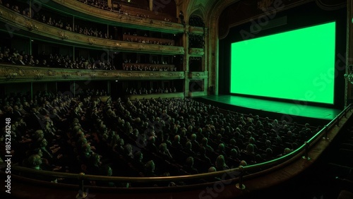 Grand theater stage with green screen and audience seating