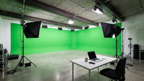 Professional studio setup with green screen and lighting equipment
