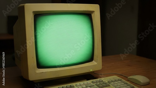 Vintage computer monitor and keyboard on wooden desk