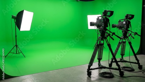 Film studio setup with cameras and lighting on green screen background