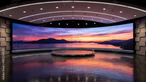 Modern broadcast studio with large curved screen displaying landscape