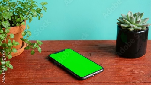 Modern smartphone with green screen on wooden surface beside potted plants