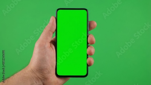 Hand holding a modern smartphone with a green screen background