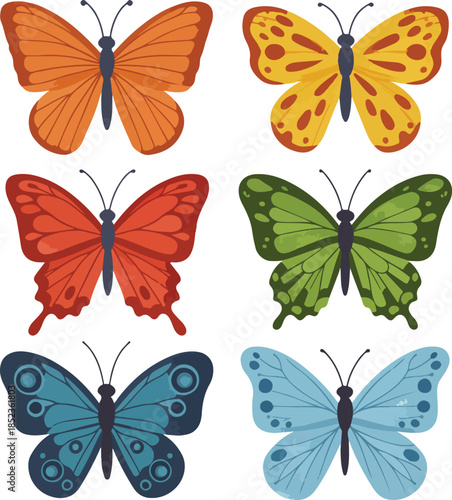 A collection of beautiful colorful butterflies and moths featuring monarch and swallowtail species with vibrant orange and yellow wings isolated on white for spring nature design