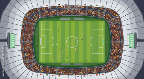 Aerial View of Stadium Soccer Field during Match