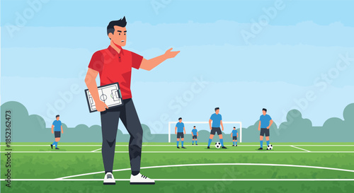 Soccer Coach giving instructions on a practice field