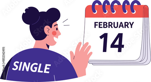 Single Woman Looking at February 14 Calendar Valentine Reality clean flat vector art