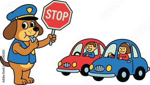 Cute cartoon dog traffic police holding stop sign and whistle, stopping cars on road, children traffic safety education illustration