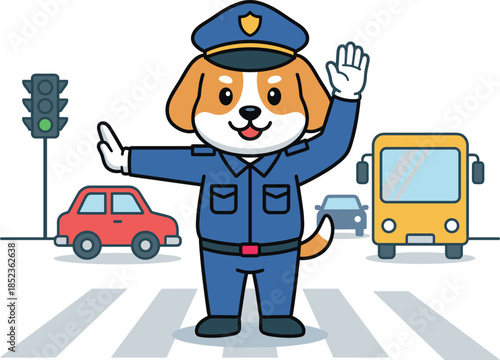 Cute cartoon dog traffic police controlling traffic at pedestrian crossing with cars and bus, children road safety education illustration