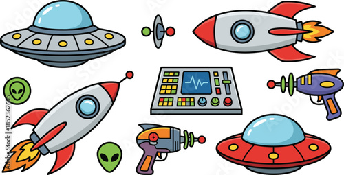 Space rocket icon set illustration, cartoon spacecraft UFO satellite spaceship elements, science fiction technology symbols, colorful vector design