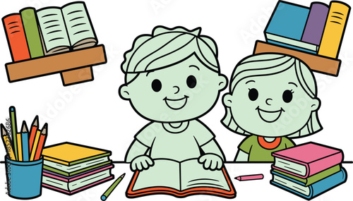 Happy kids reading books illustration, children studying together with school supplies, education and learning concept, colorful cartoon vector style