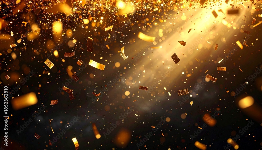 Obraz premium Realistic New Year background featuring golden confetti and sparkling particles floating in the air, dark background, macro photography feel, crisp sharp details, cinematic lighting, elegant festive m
