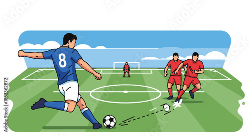 Soccer Player Kicking Ball Toward Goal During Match