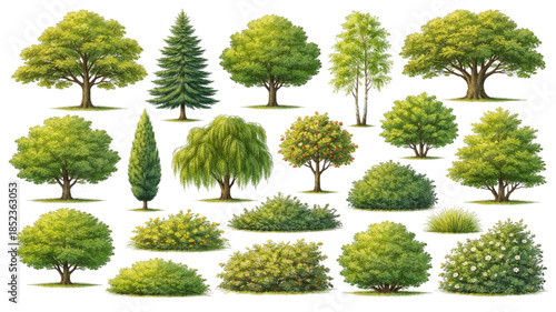 A diverse collection of natural green trees with lush foliage and branches isolated on a white background for environment and garden growth design