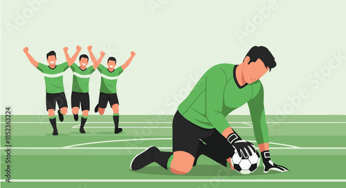 Soccer Goalkeeper Celebrates Victory as Teammates Celebrate in Background