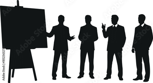 Black and White Silhouette of Business Presentation Team Meeting with Easel Board
