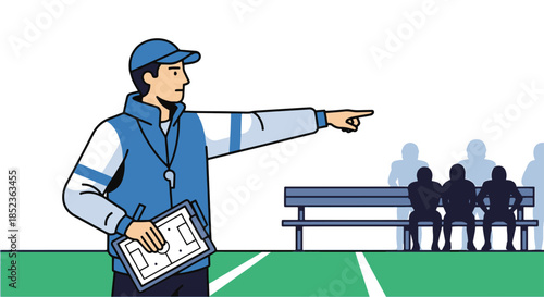 Coach on Field Giving Instructions to Bench and Players