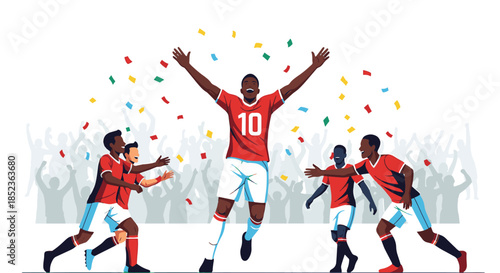 Soccer Player Celebrates Victory with Teammates and Confetti