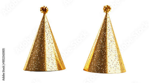 Golden party hats shining isolated on transparent background